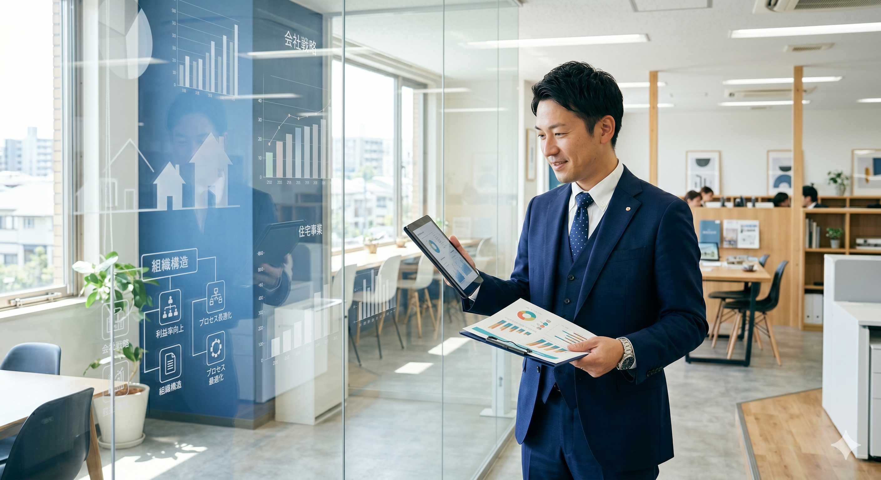 住宅会社の経営者がデータをもとに価格交渉のフロア価格を設計するイメージ
